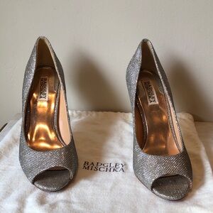 Badgley Mischka Sparkling Metallic Open-Toe Pumps and Dust Bag